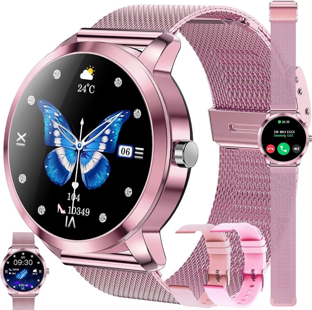 Damen Smartwatch mit Telefonfunktion, 1,09 Zoll Touchscreen 123 Sportarten|SpO2|Menstruationszyklus|Herzfrequenzmesser|Schlafmonitor für Android iOS