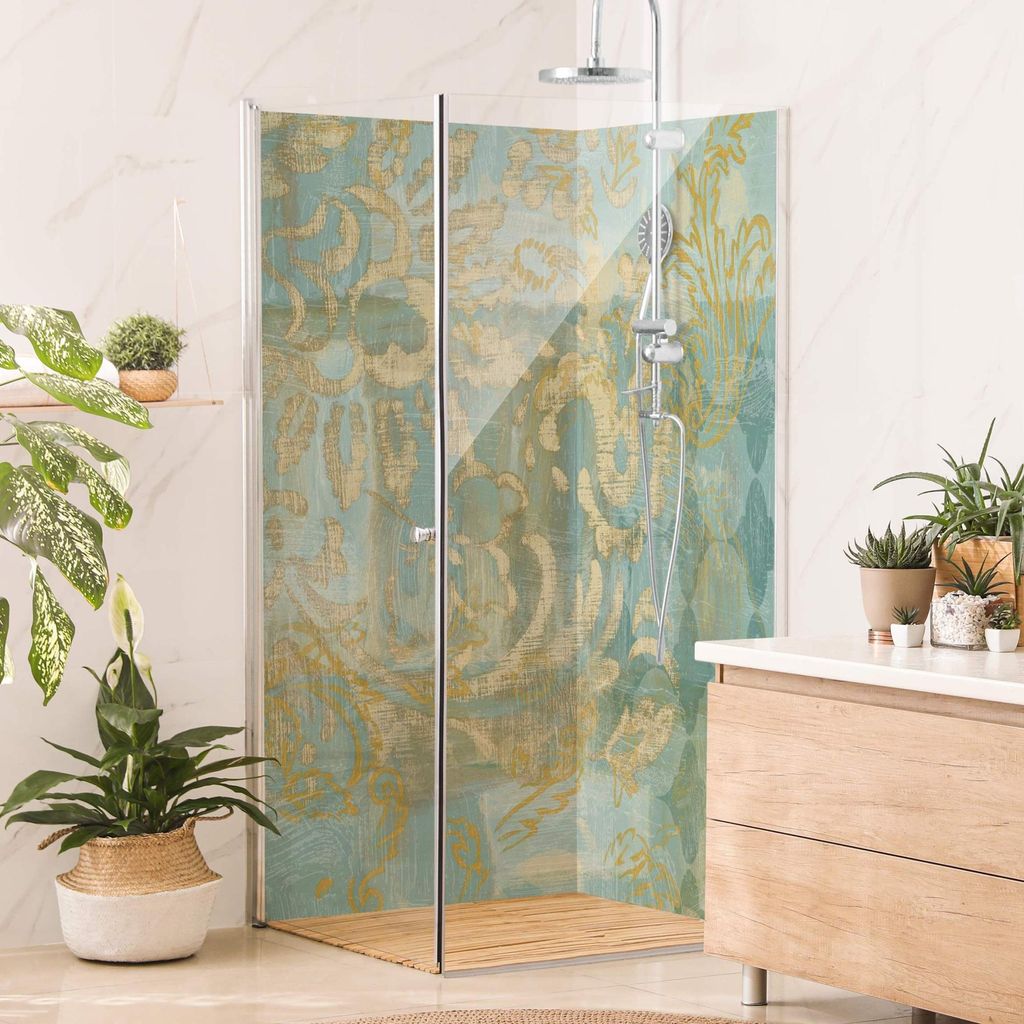 Duschrückwand Muster selbstklebend - 0.61 mm Wandpaneel wasserfest Ornament gold Vintage Badrückwand fugenlos Premium matt 80x190 cm