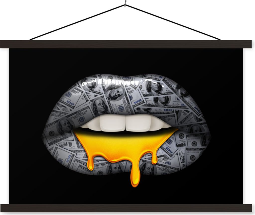 MuchoWow Textilposter Lippen - Geld - Schwarz und Weiß 120x80 cm mit schwarzem Rahmen - Wanddeko