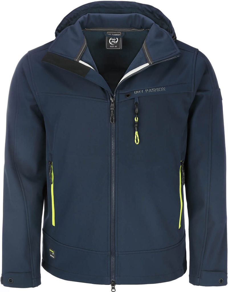 Dry Fashion Herren Softshelljacke Flensburg mit Fleece-Innenfutter - Outdoor-Jacke mit Kinnschutz und abnehmbarer Kapuze in Navy Größe S