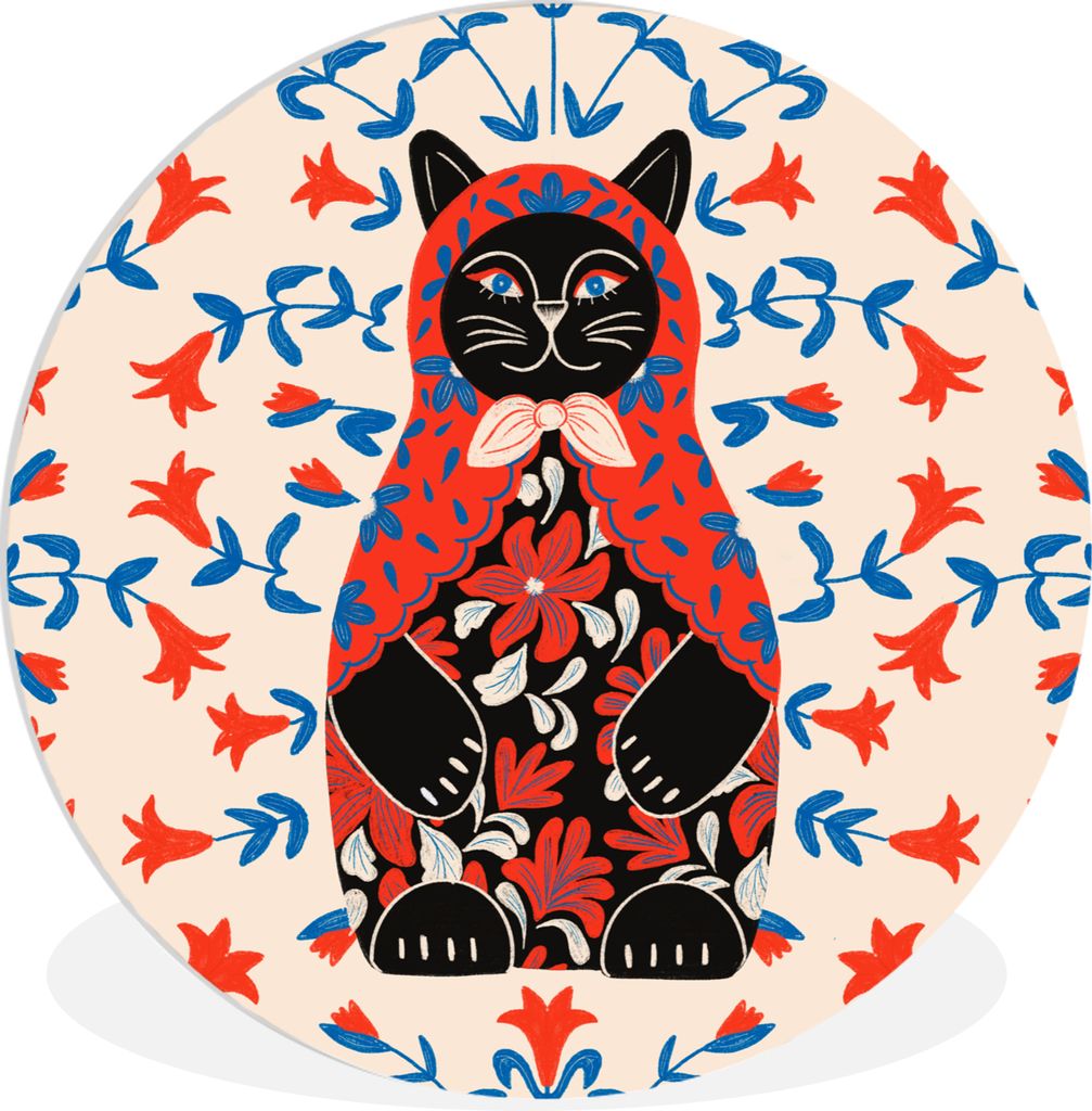 MuchoWow Rundes Wandbild - Runde Bilder Matrjoschka - Blumen - Katze Ø 60 cm Kreis Wanddekoration Kunststoff - Wandkreis - Wandschmuck - Wand Kr...