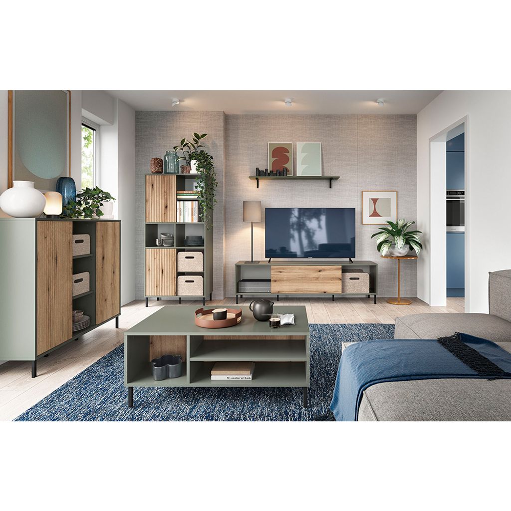 Wohnzimmer komplett Set inkl. Couchtisch in grau-grün mit Eiche PARMA-129, 5-teilig