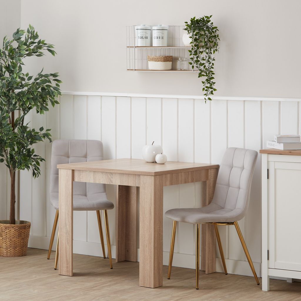 A dining set with a table and two chairs in a room with a plant and shelving.