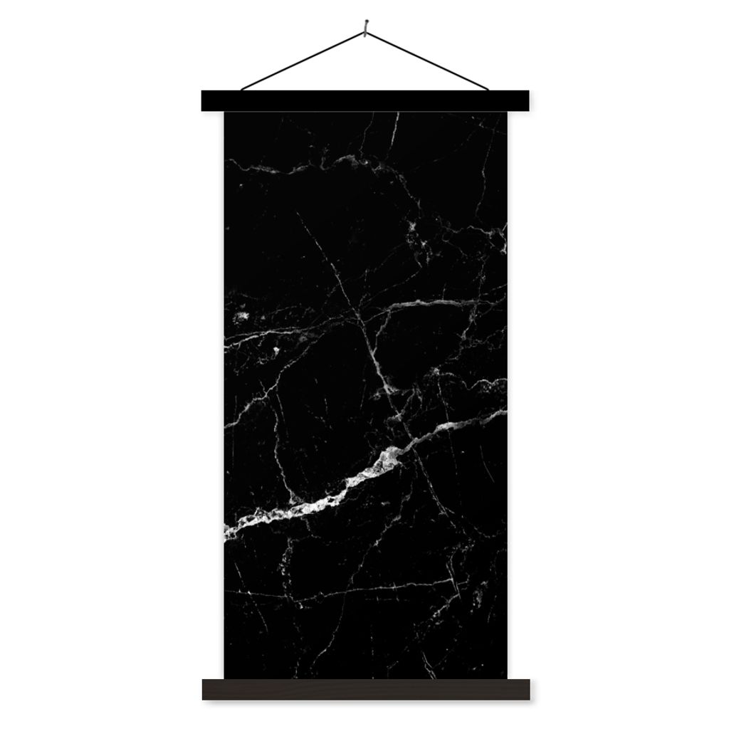 MuchoWow Textilposter Marmor - Schwarz - Marmoroptik - Weiß - Luxus - Stein 60x120 cm mit schwarzem Rahmen - Magnete