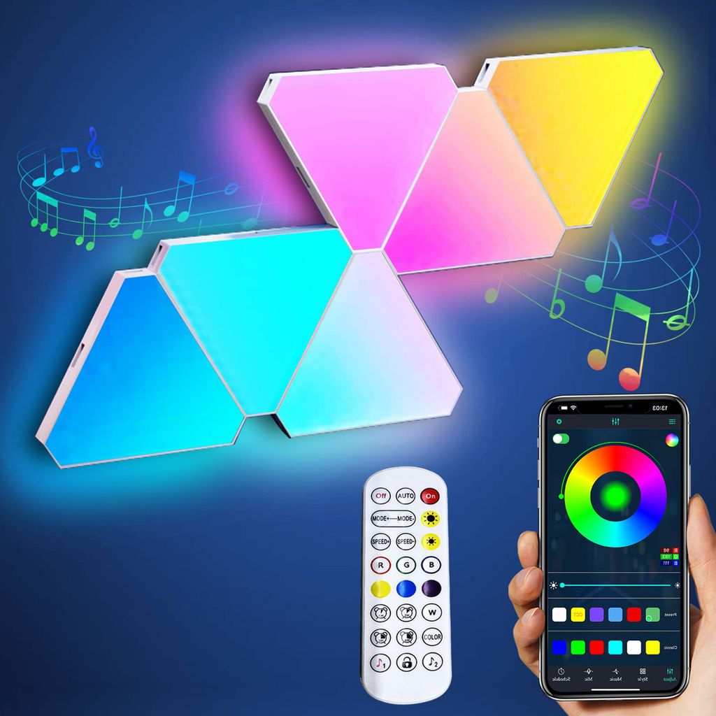 LED Dreieck Lichtpanels Bluetooth Musik Sync RGB Wandleuchte App-Steuerung mit Fernbedienung für Partybeleuchtung Gaming DIY Deko, 6er Set
