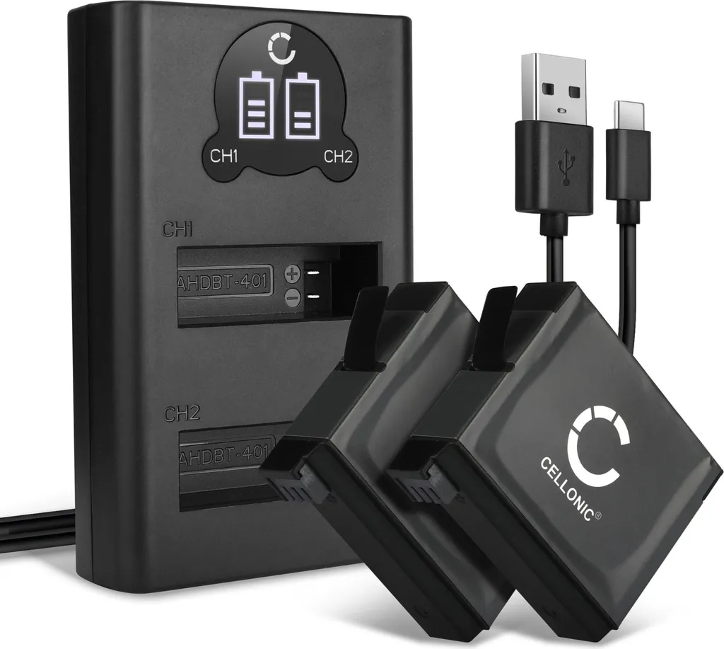 CELLONIC, Batteria per Fotocamera, compatibile con GoPro Hero 4, 4 Plus, 4 Black, 4 Silver (3.8V, 1160mAh) 2 Pezzi + Doppio caricabatterie