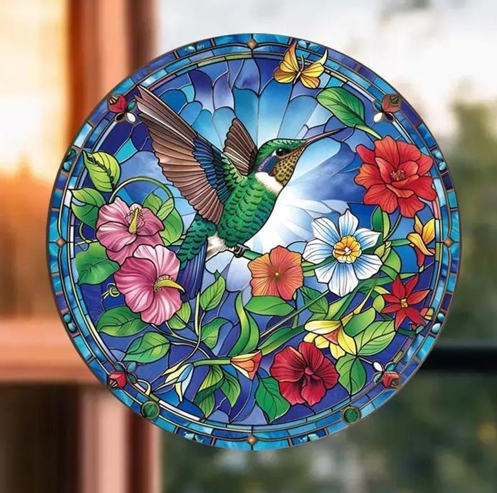GKA XL Fensterbild Kolibri & bunte Blumen 23 cm Sonnenfänger Lichtfänger tolle Lichteffekte Fensteraufkleber selbstklebend ablösbar wiederverwen...