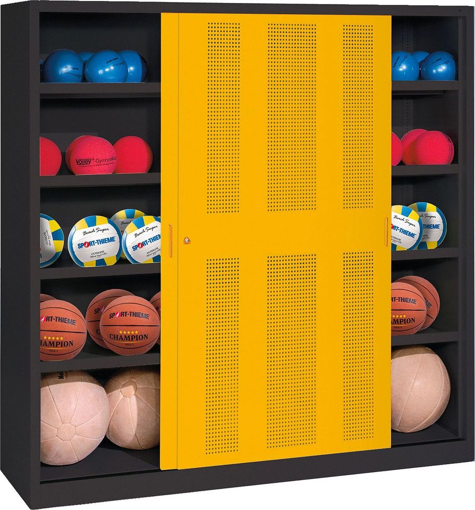 C+P Ballschrank mit Lochblech-Schiebetüren (Typ 4), HxBxT 195x160x50 cm, Verkehrsgelb (RAL 1023), Anthrazit (RAL 7021), Gleichschließung