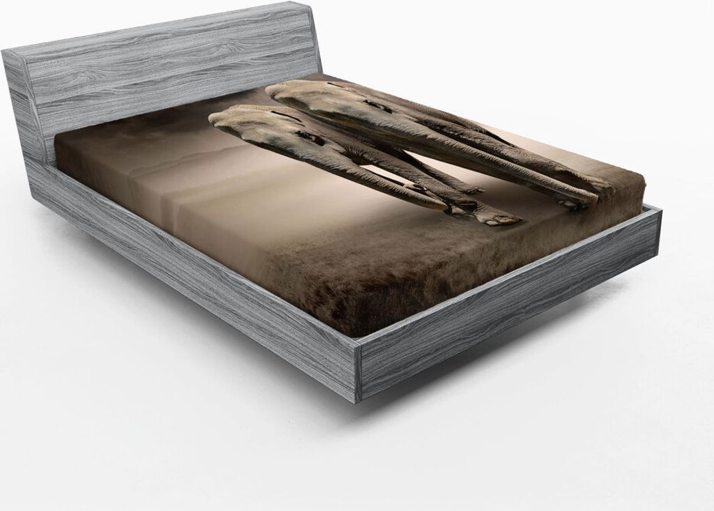 ABAKUHAUS Elefant Spannbetttuch, Paare Der Elefanten Bewegung, Die Staubigen Hintergrund Wolken Wildnis Wüsten Druck, 180 x 200 cm, Tan Taupe