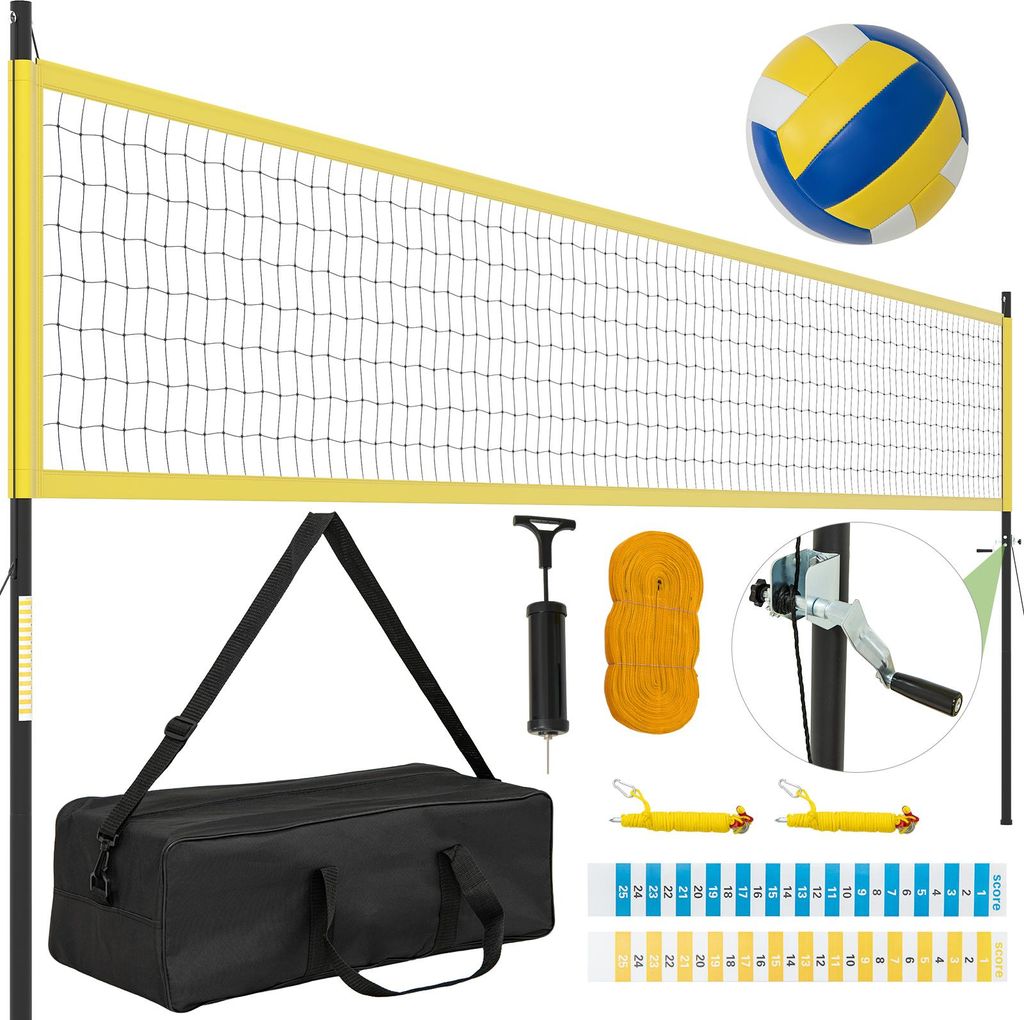 COSTWAY Volleyballnetz Outdoor, 9,5 x 1m Pool Volleyball Netz Höhenverstellbar mit Ständer, Volleyball, Hammer, Pumpe & Tragetasche, Beachvolleyball