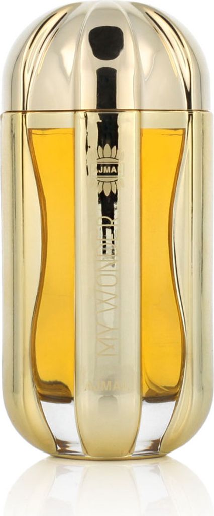 A close-up studio shot of a gold and glass perfume bottle.