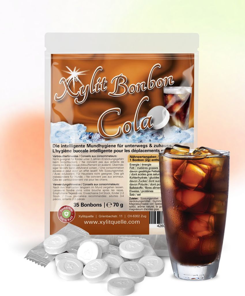 Xylit Birkenzucker Bonbons COLA | 100% mit Xylit gesüsst | 70g Inhalt | 35 Bonbons einzeln verpackt | mit natürlichem Aroma | zahnfreundlich