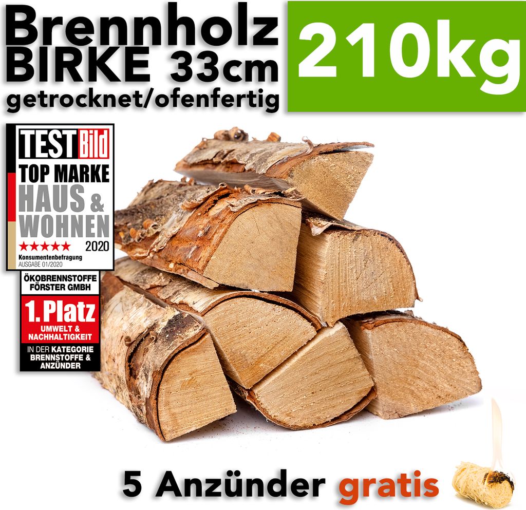 Brennholz Birkenholz 25cm Holzscheite im 210kg Karton für Kamin Kaminofen Feuerschale Grill kammergetrocknet ofenfertig - Feuerholz Birke von HOLZBRX