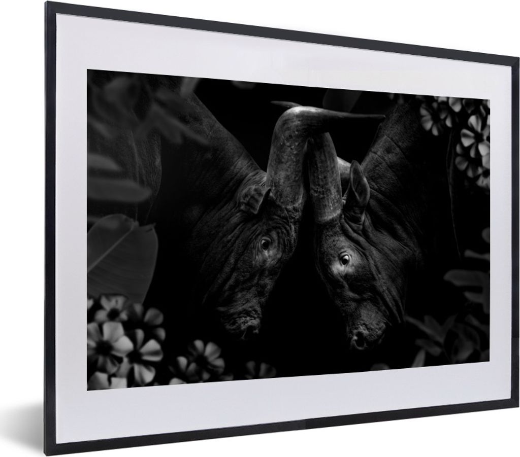 MuchoWow Gerahmtes Poster Zwei Watussi-Rinder im Dschungel - schwarz und weiß 40x30 cm - Poster mit Schwarzem Bilderrahmen Wandposter Rahmen Fot...