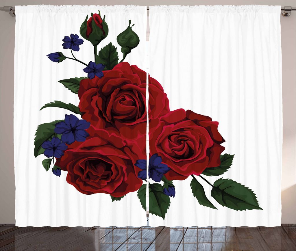 ABAKUHAUS Rose Rustikaler Vorhang, Rote Bloom-leichte Florets, Wohnzimmer Universalband Gardinen mit Schlaufen und Haken, 280 x 225 cm, Jägergrün...