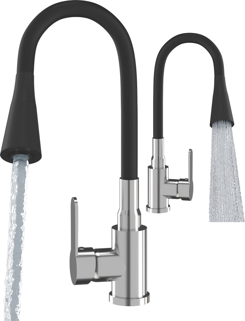 Two kitchen faucets with flexible black spouts and chrome bases, one with water flowing.