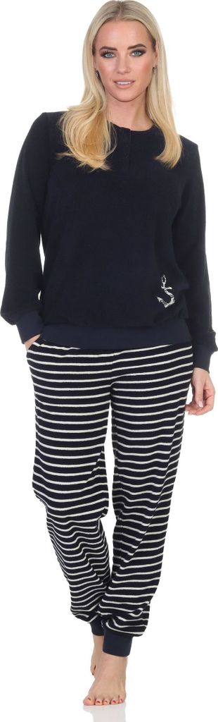 Normann Damen Frottee Schlafanzug in maritimer Optik und Anker Motiv – auch in Übergröße ; navy , 36