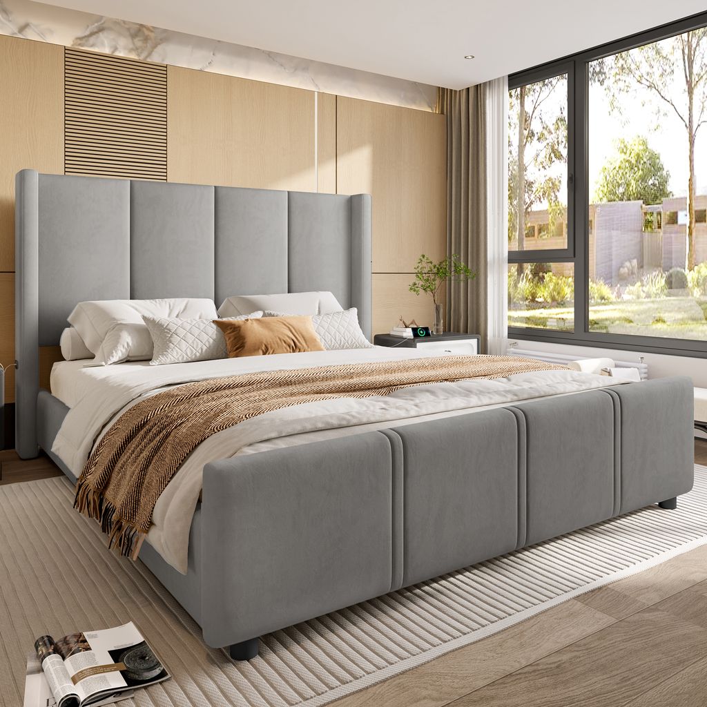 Abrihome Polsterbett 160 x 200 cm mit USB-Anschluss, Doppelbett Jugendbett mit Lattenrost, hohes Kopf- und Fußteil, Grau