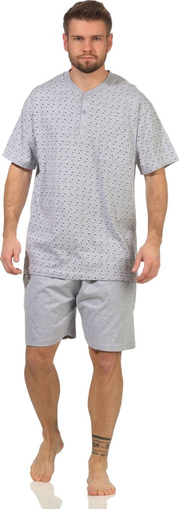Herren Pyjama Shorty kurzarm Schlafanzug mit Knopfleiste am Hals - auch in Übergrössen ; grau , 48