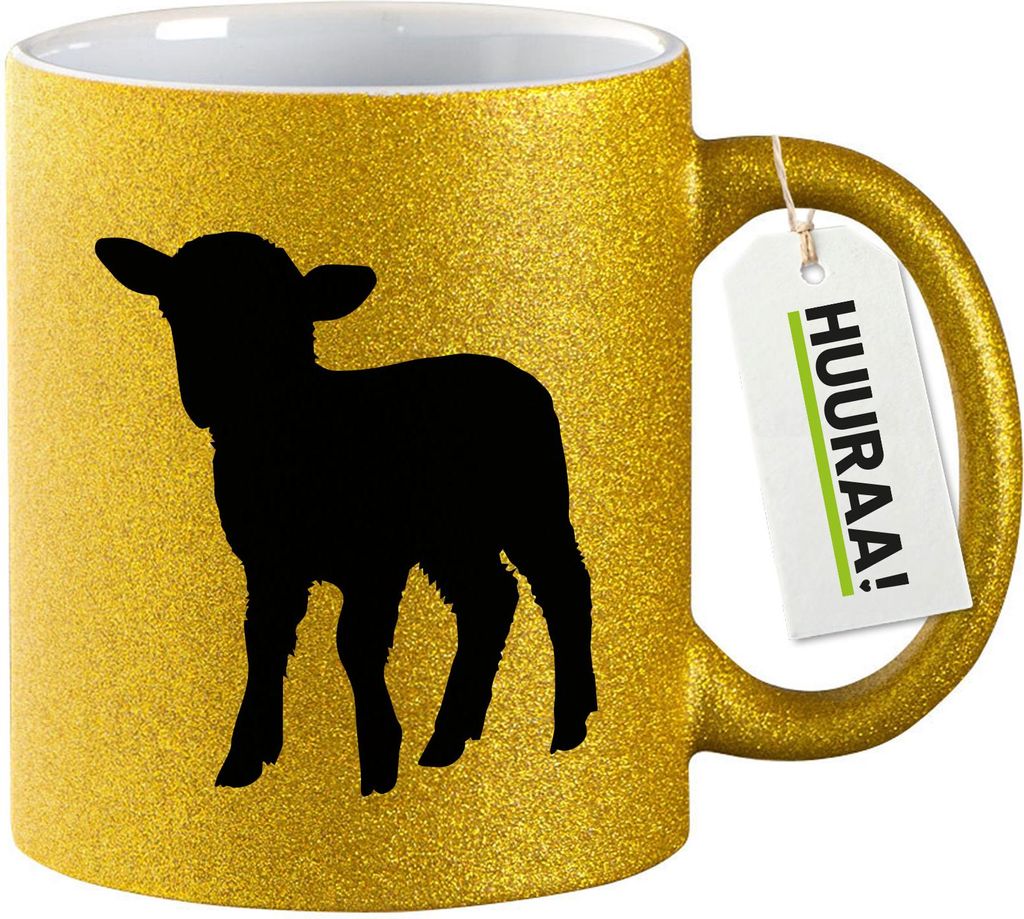 Huuraa Glitzertasse Lamm Silhouette 330ml Gold Keramik Kaffeebecher Geschenkidee