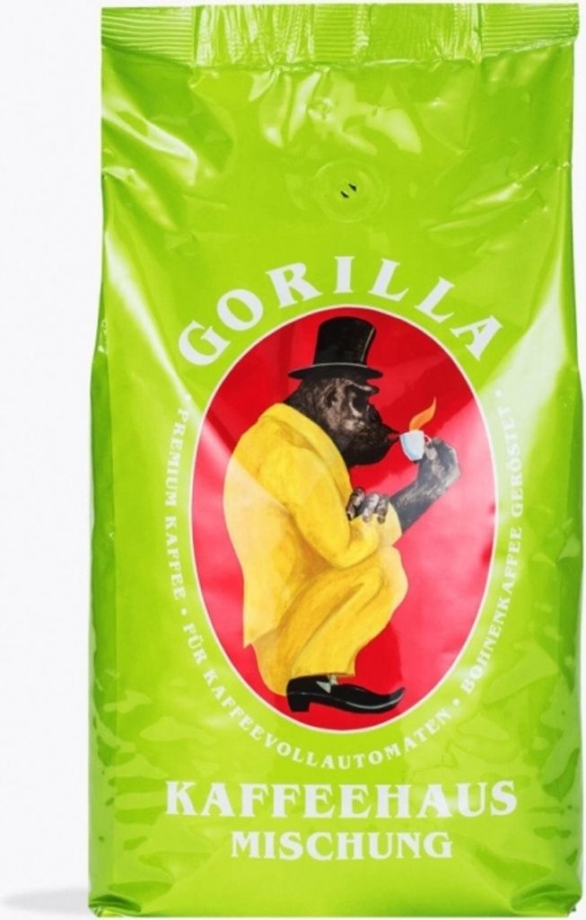 A bag of Gorilla brand coffee beans with a cartoon gorilla wearing a yellow suit and top hat.