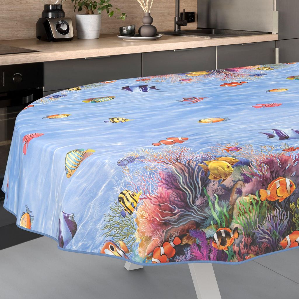 Tischdecke Fotoprint Aquarium Bunt Oval 160x140cm mit Band-Kante Wachstuch abwaschbar