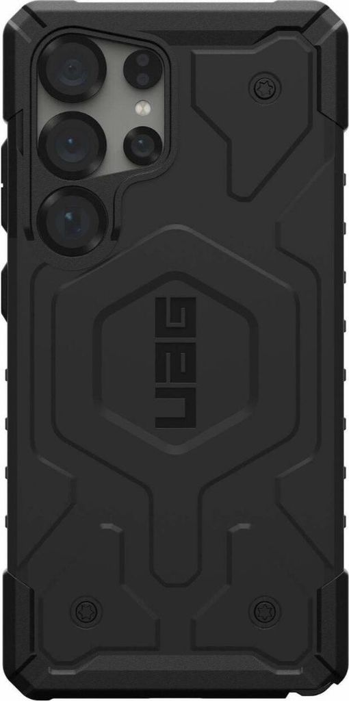A black phone case with a textured design and the UAG logo in the center, shown from the back.