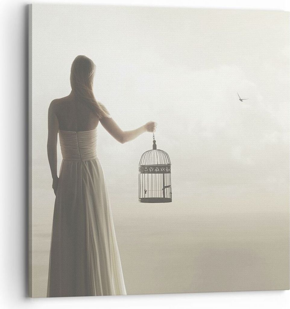 Bild auf Leinwand - Leinwandbild - Einteilig - Frau Käfig Vogel - 70x70cm - Wand Bild - Wanddeko - Wandbilder - Leinwanddruck - Bilder - Wanddekor...