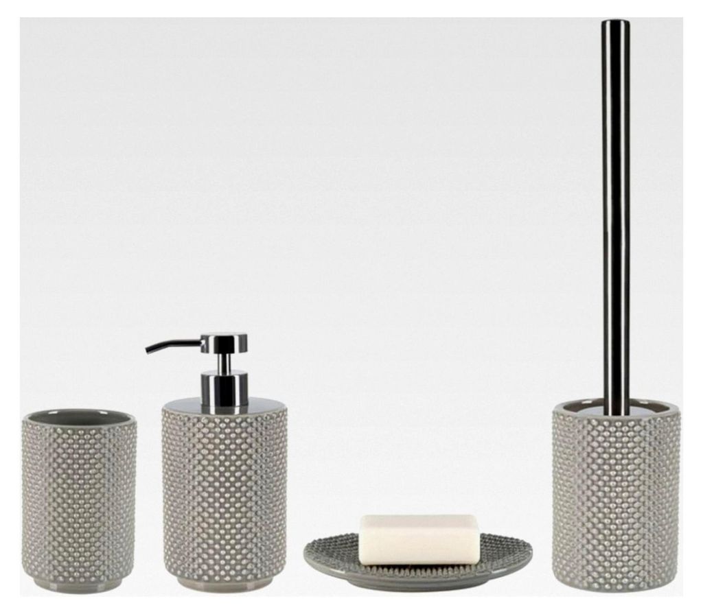 Badezimmer Set, 4-teiliges Badzubehör aus Steingut Mero mit Seifenspender, Seifenschale, WC-Bürste und Zahnputzbecher in Taupe