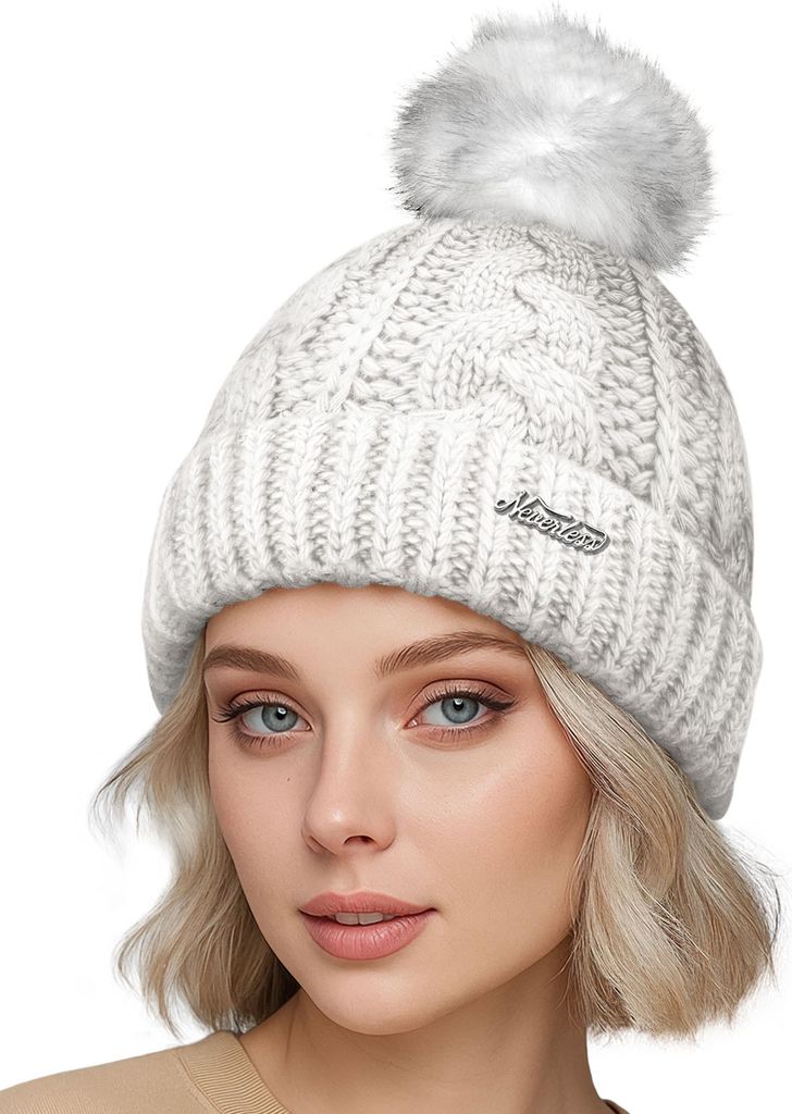 Damen Wintermütze mit Fleece Gefüttert Warm & Winddicht Strickmütze Bommelmütze Model 1980 Neverless