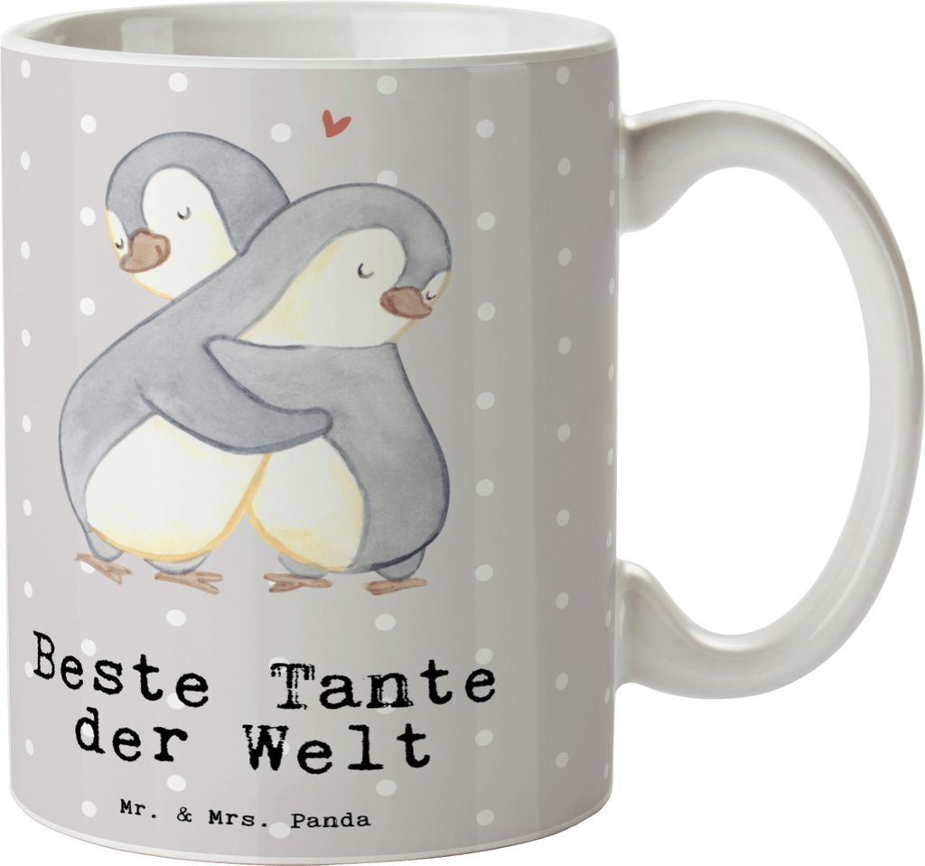 Mr. & Mrs. Panda Becher Pinguin Beste Tante der Welt - Grau Pastell - Geschenk, Nichte, Familie, Tasse, Kaffeebecher, Pott, Taufe, cappuccinotasse,...
