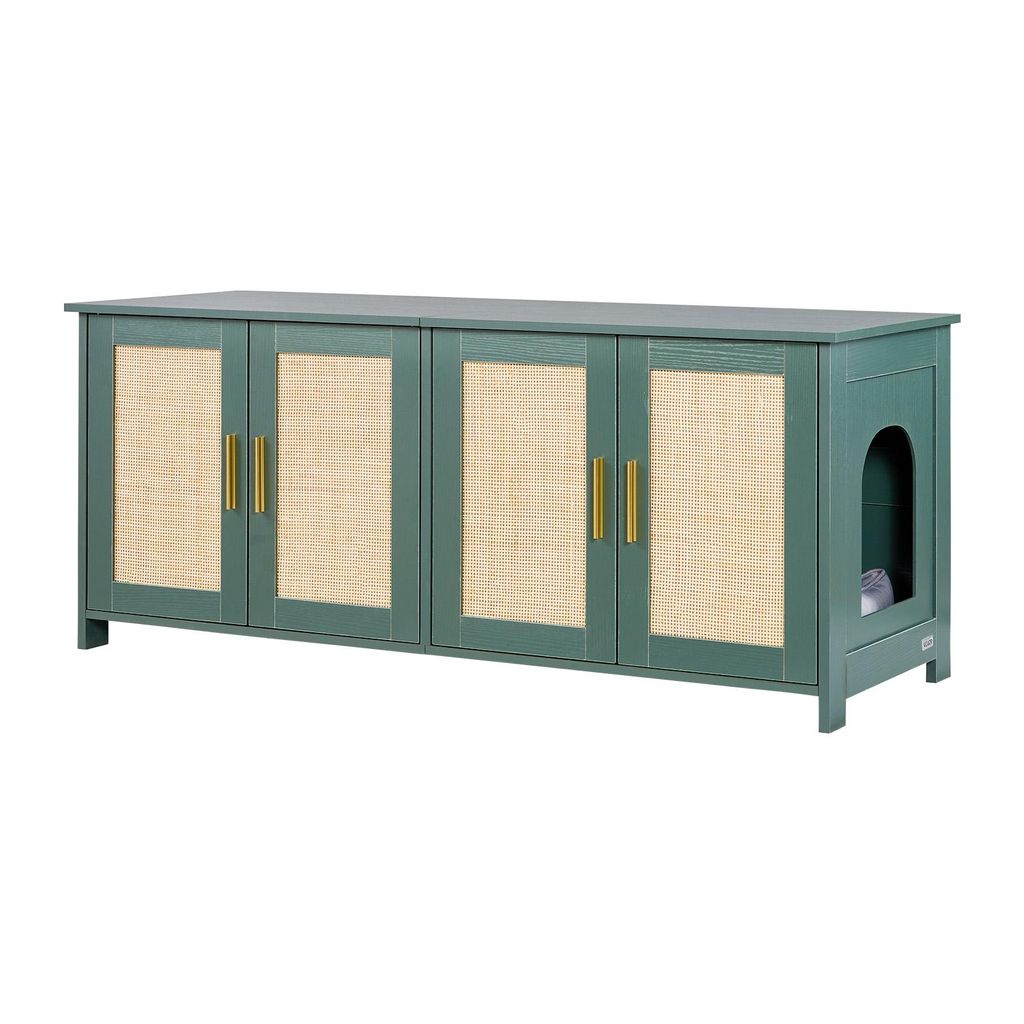 A green cabinet with rattan doors and a cat entrance on the side, presented against a white background.