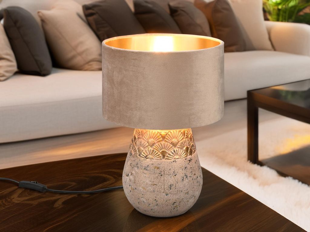 Tischlampe KIRAN Samt Keramik Grau-Gold Ø26cm H38cm mit Produktbild 