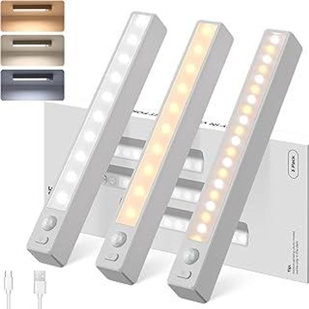 Schrankbeleuchtung LED Bewegungssensor, 18 cm Kompakt Treppenlicht, 7000/4500/3000 K Farbtemperatur, Helligkeitsregelung, Magnetlampe, USB-C Auflad...