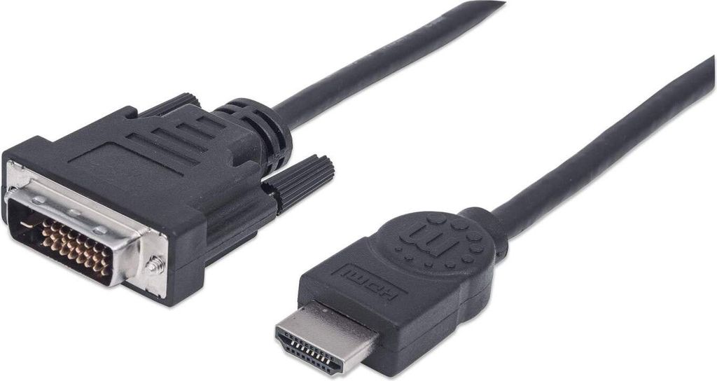 Manhattan HDMI to DVI-D 24+1 Cable, 1.8m, Male to Male, Black, Dual Link, Compatible with DVD-D, Lifetime Warranty, Polybag