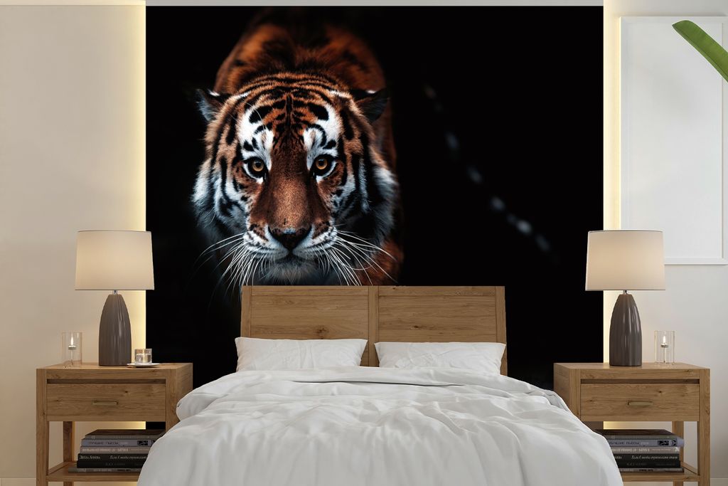 MuchoWow Fototapete für Wohnzimmer oder Schlafzimmer Wandtapete Vinyl Motivtapete Tiere - Tiger - Schwarz - Wild - Porträt - 300x300 cm - Wandd...