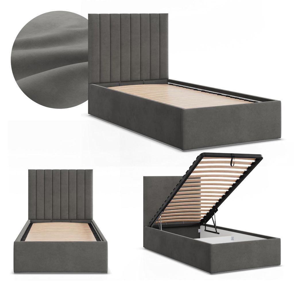Polsterbett POLLA 90x200 Samt mit Bettkasten und hochklappbarem Metall-Lattenrost, Einzelbett mit Kopfteil Dunkelgrau