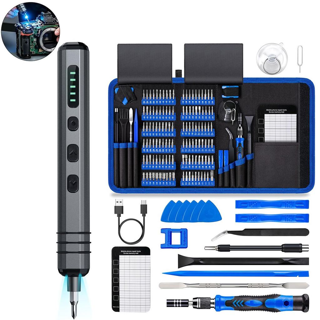 140 in 1 Mini Akkuschrauber Set, Präzisions Schraubendreher mit 120 Bits, für PS5 Switch PC Handy Reparatur, tragbar & LED
