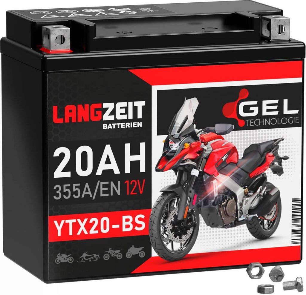 LANGZEIT YTX20-BS GEL Motorradbatterie 12V 20Ah 355AEN GEL Batterie 12V 51822 CTX20-BS GTX20-BS