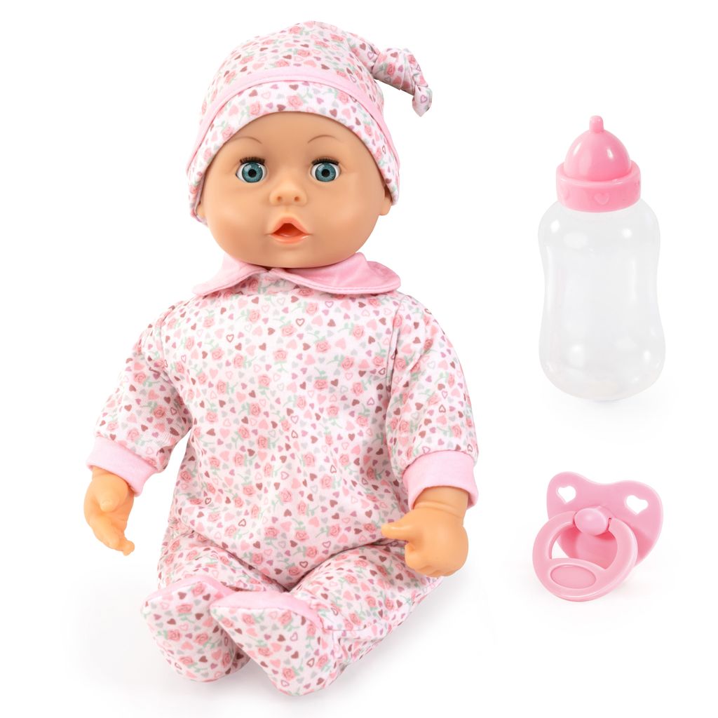 Bayer Design 93824CQ Babypuppe interaktiv, Spielpuppe sprechend, weicher Körper, Schnuller, Flasche, 38 cm