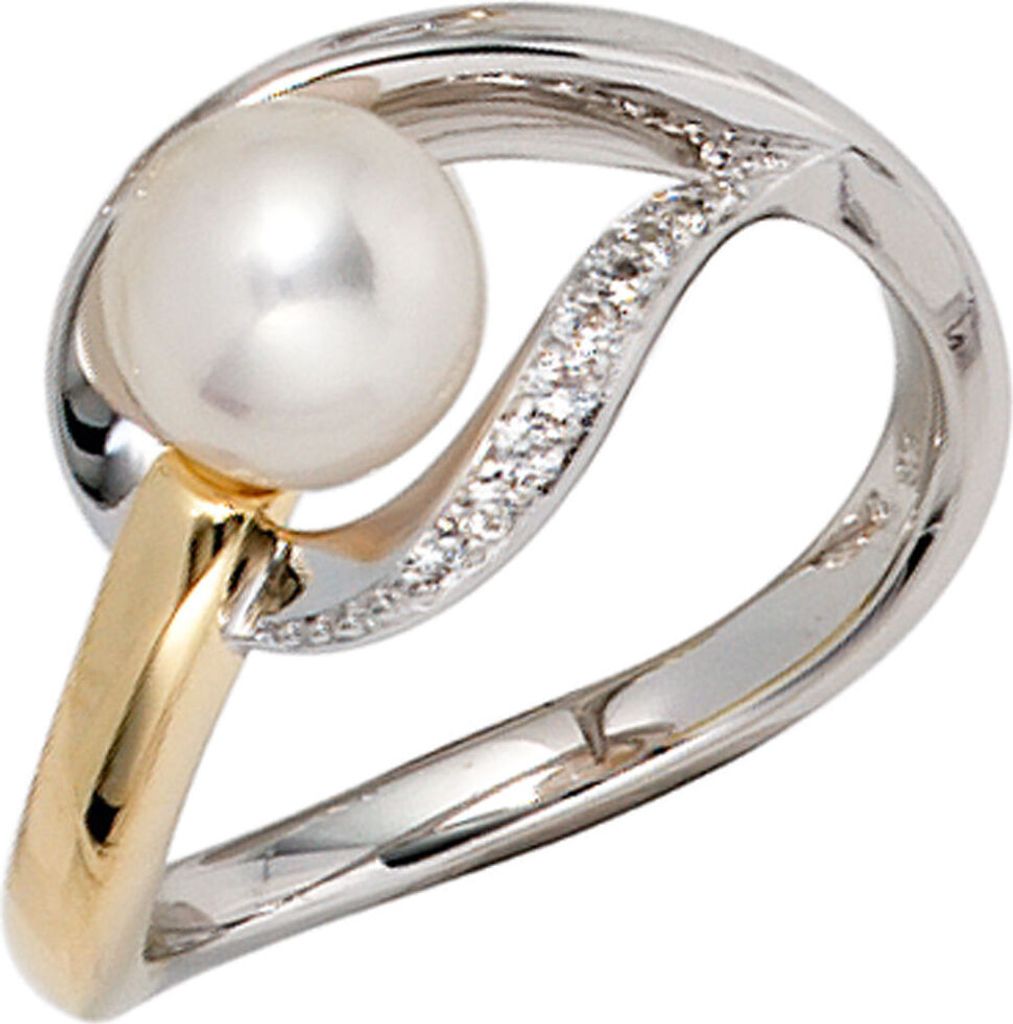Ring Damenring Süßwasser Perle 9 Diamanten Brillanten 585 Gold bicolor Innenumfang 50mm Ø15.9mm