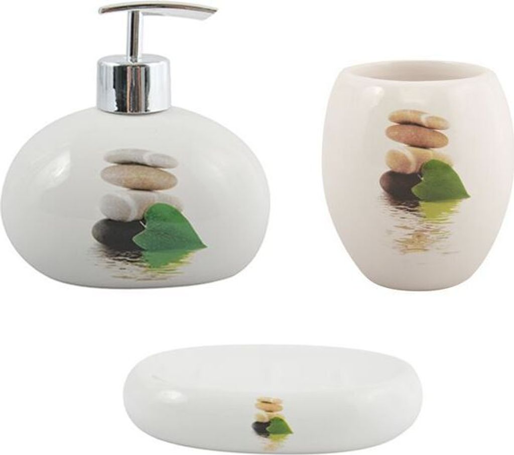 MSV Bad Accessoires Badezimmerzubehörset "Lingga" 3-teilig - Seifenspender, Seifenschale, Zahnputzbecher Weiß