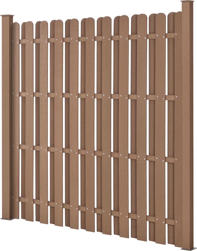 A brown WPC fence panel with vertical slats.