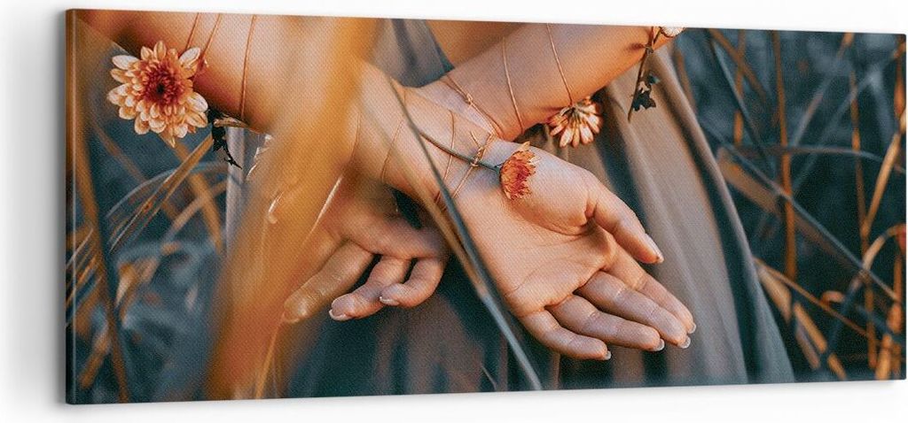 Bild auf Leinwand - Leinwandbild - Einteilig - Frau Hände Wiese - 100x40cm - Wand Bild - Wanddeko - Wandbilder - Leinwanddruck - Bilder - Wanddeko...