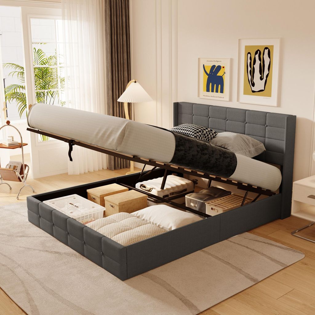 BEALIFE Polsterbett 160x200 cm mit Lattenrost & Hydraulikbett | Doppelbett mit Stauraum in Leinenoptik | Grau/Beige | 16BF84