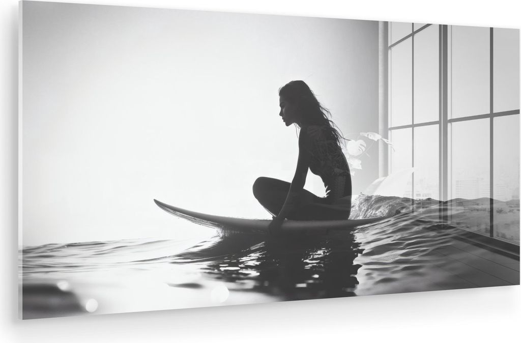 MuchoWow Glasbilder - Bilder auf Wandbild - Foto auf Glas Silhouette - Frau - Surfbrett - Wasser 80x40 cm Wanddekoration aus Glas - Acrylglasbild -...