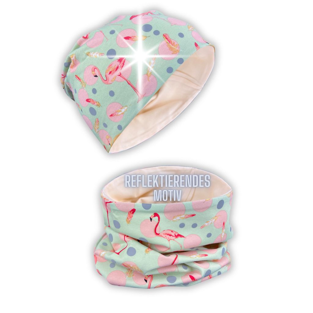 Kinder Reflektor Mütze & Loop - Flamingo Jersey Stoff innen - Übergangszeit