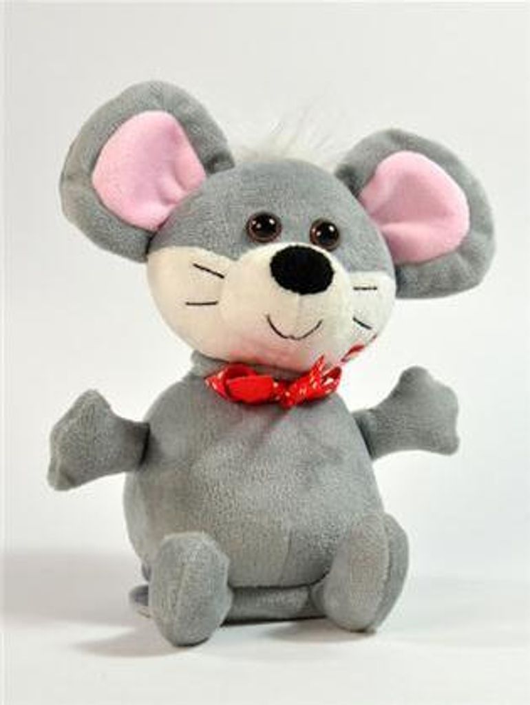 A plush toy mouse sitting against a white background.