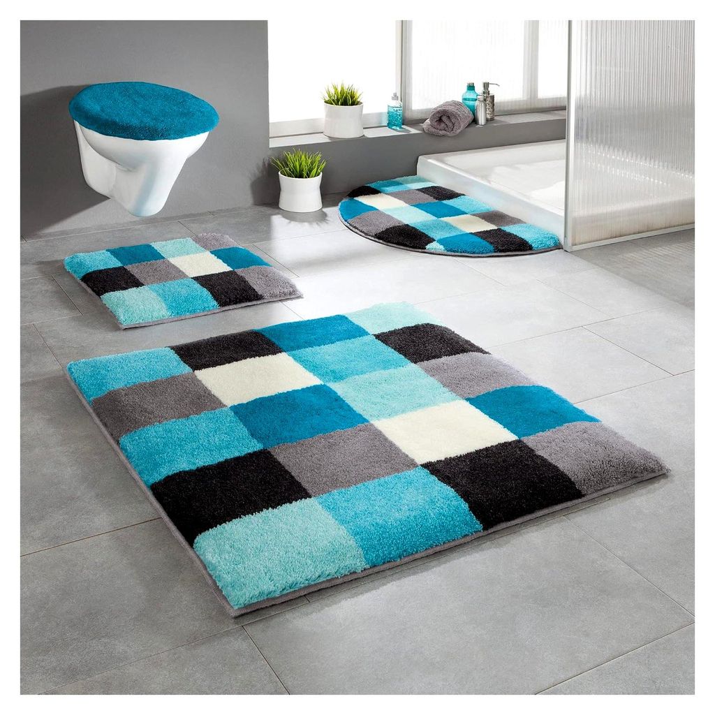 Badematte Kreta in Türkis, 70x120 cm, rutschhemmender Badteppich, geeignet für Fußbodenheizung - weicher Hochflor