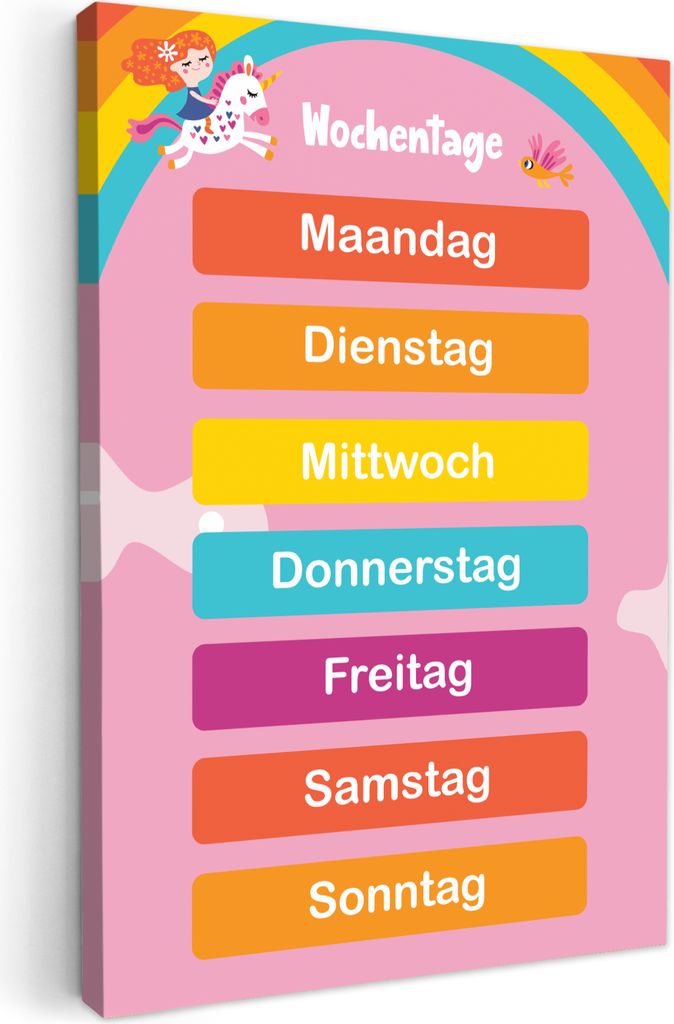 MuchoWow - Leinwandbilder - Pädagogisch - Tage der Woche - Einhorn - Lernen - Mädchen, Wandbild, Wanddeko Bilder Wohnzimmer, 20x30 cm